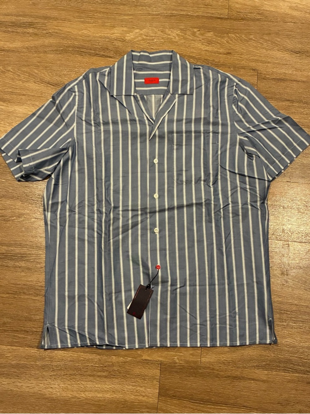 Isaia Napoli Men’s Striped Short-Sleeve Camp Shirt - Blue/White Size 40